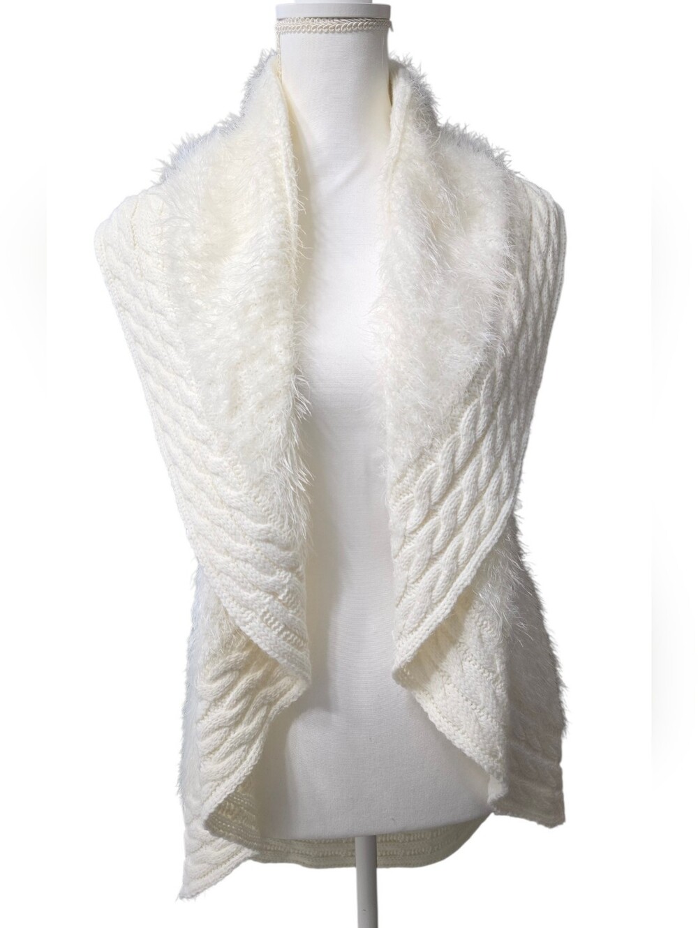 Cozy Cable Knit Shawl Collar Sweater Vest - Cream